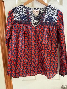 Pepin Red and Navy Printed V-Neck Peasant Blouse